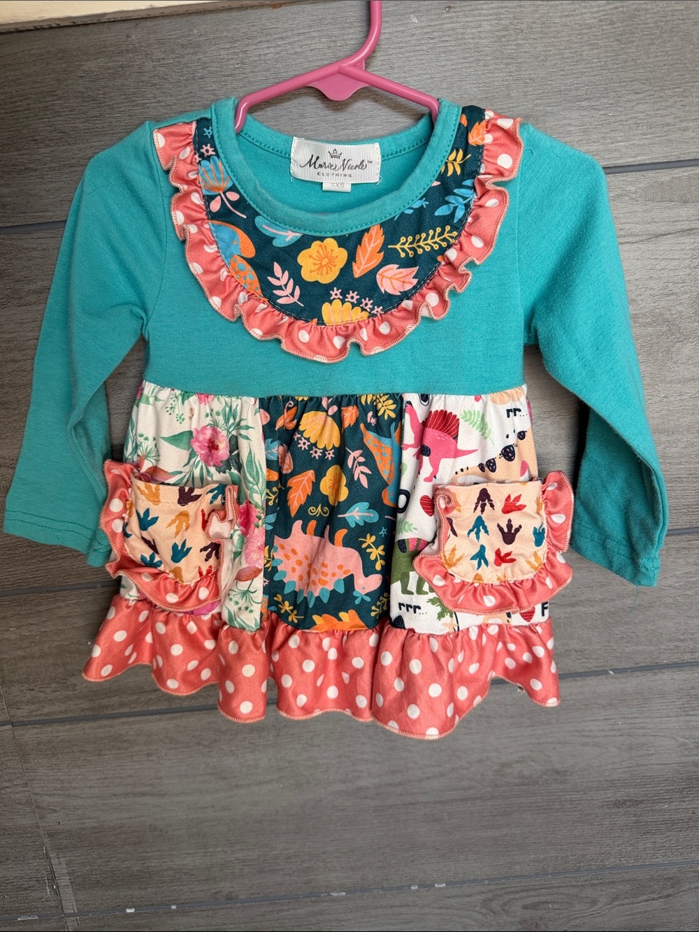 Marie Nicole Teal & Coral Patchwork Ruffle Long-Sleeve Top